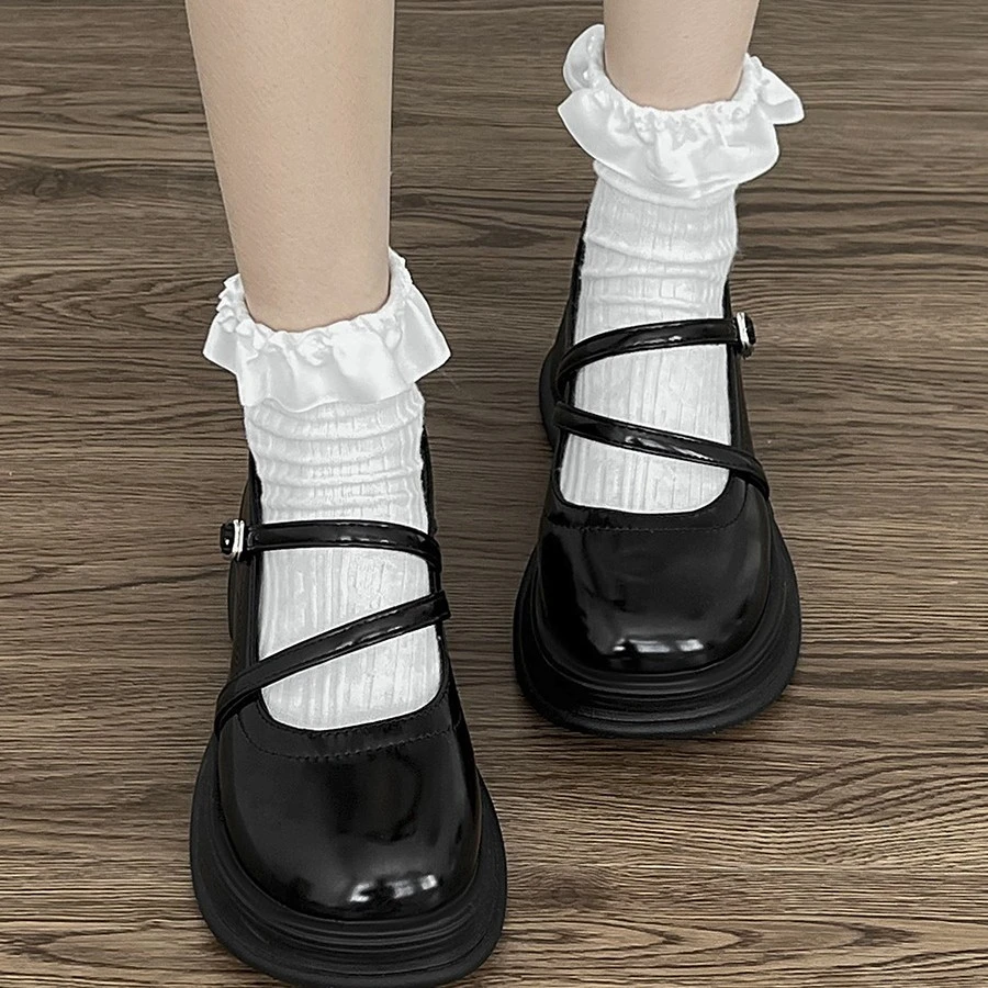 ins圆头黑色百搭厚底休闲小皮鞋女2023新款夏季复古法式玛丽珍鞋