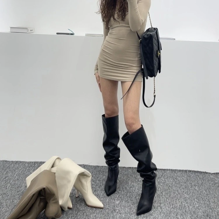 西部牛仔切尔西靴女百搭复古不过膝瘦瘦长筒靴小众细高跟骑士靴