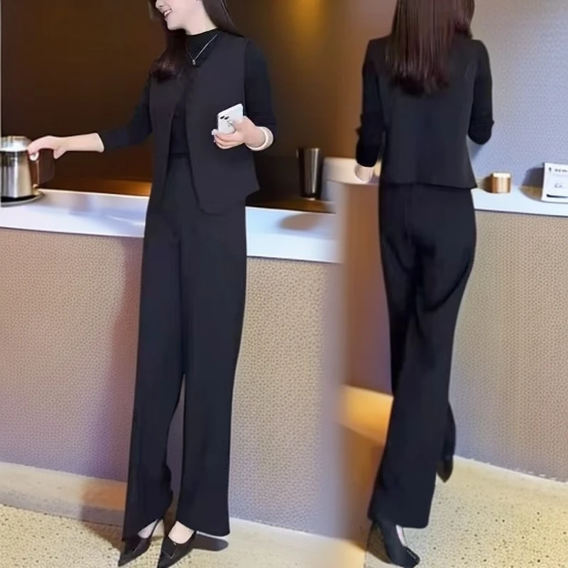 F15时尚套装女秋季新款洋气质显瘦马甲打底衫阔腿裤韩版套装女