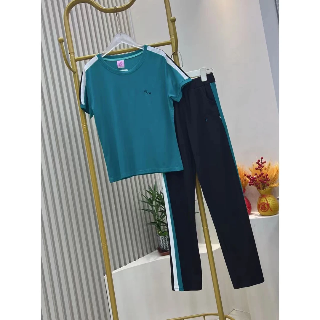 蓝色短袖显瘦气质运动洋气时尚休闲百搭女士简约减龄宽松韩版套装