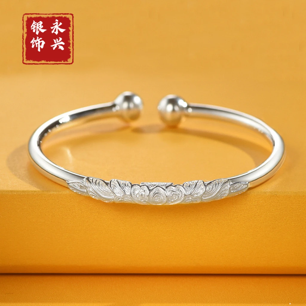 足银手镯 足银手镯 34号牡丹花开口足银手镯金枝玉叶纯手工可调节