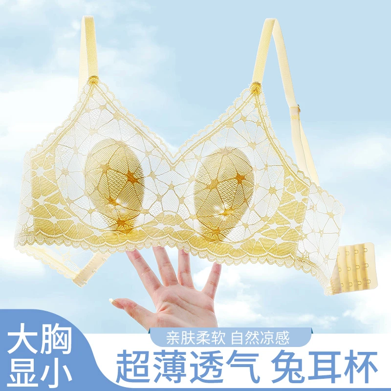 猫人大胸显小内衣女兔耳朵水晶杯防凸无痕无钢圈收副乳薄款文胸