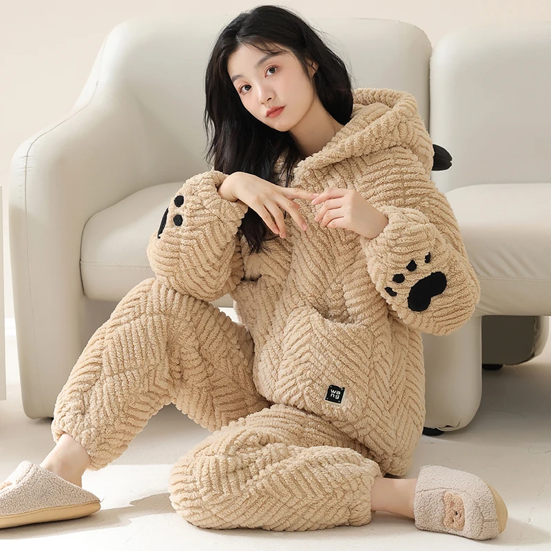 猫人MiiOW冬季睡衣女加厚珊瑚绒三层棉家居服加绒可外穿冬天套装