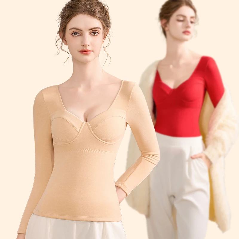 猫人保暖上衣女单上衣带胸垫加绒百搭潮流秋冬季内穿修身打底衫