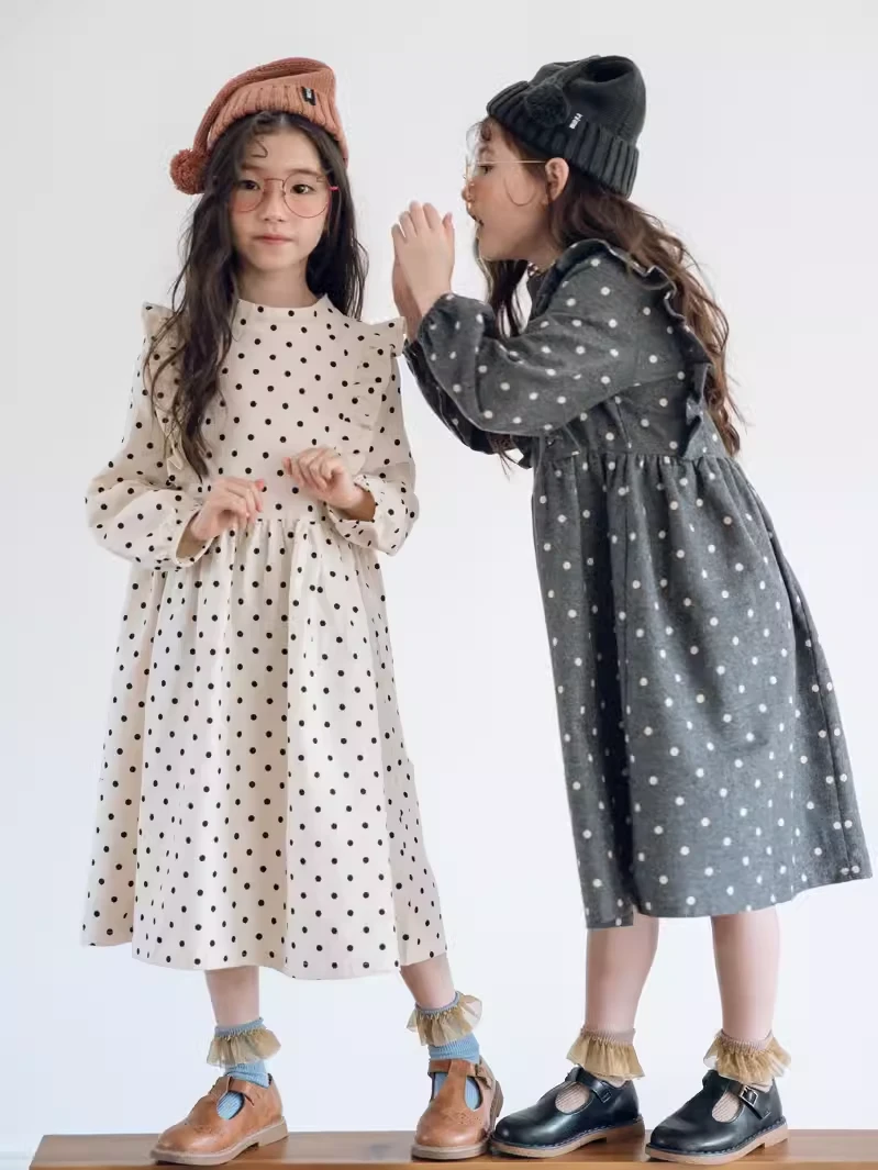 童装女童长袖连衣裙韩版大童森系复古波点荷叶边长裙儿童裙子秋冬