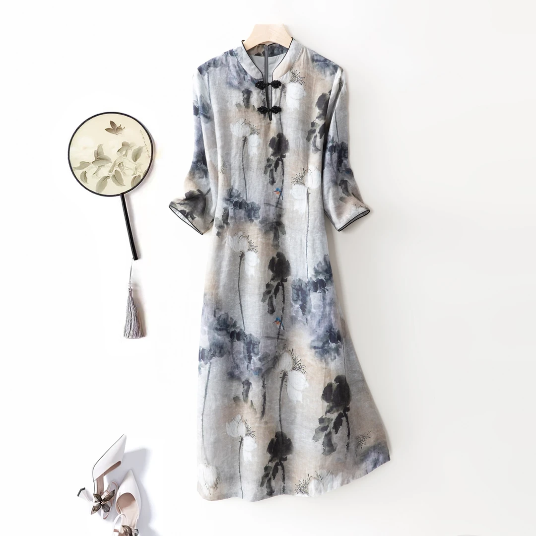 【100%苎麻】数兰朵水墨中国风气质显瘦旗袍 夏季宽松中长款半袖裙