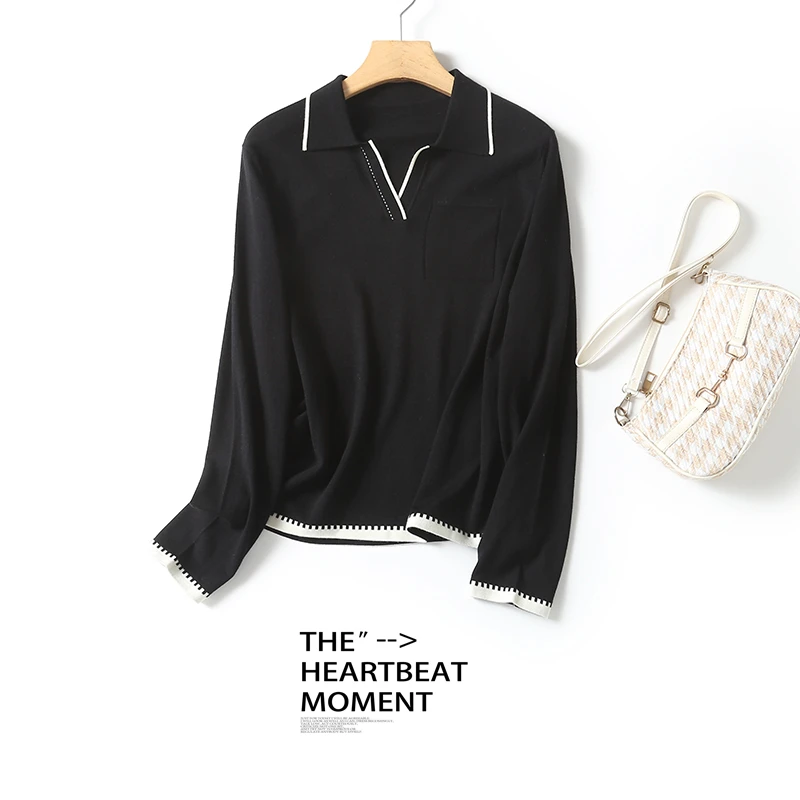 【100%绵羊毛】数兰朵早秋气质翻领长袖 精纺不起球羊毛polo针织衫