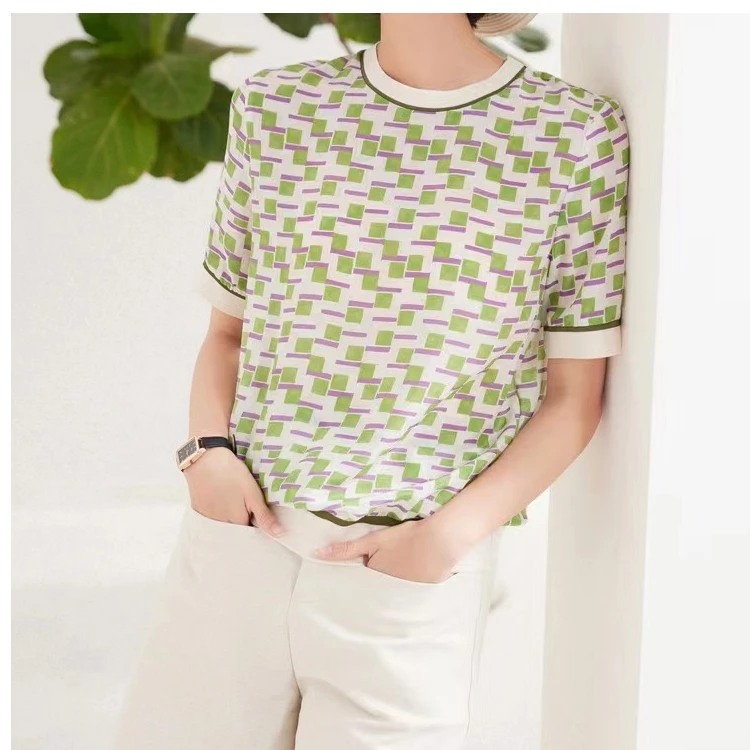 【100%桑蚕丝】数兰朵真丝印花圆领短袖上衣 夏季透气百搭半袖T恤女