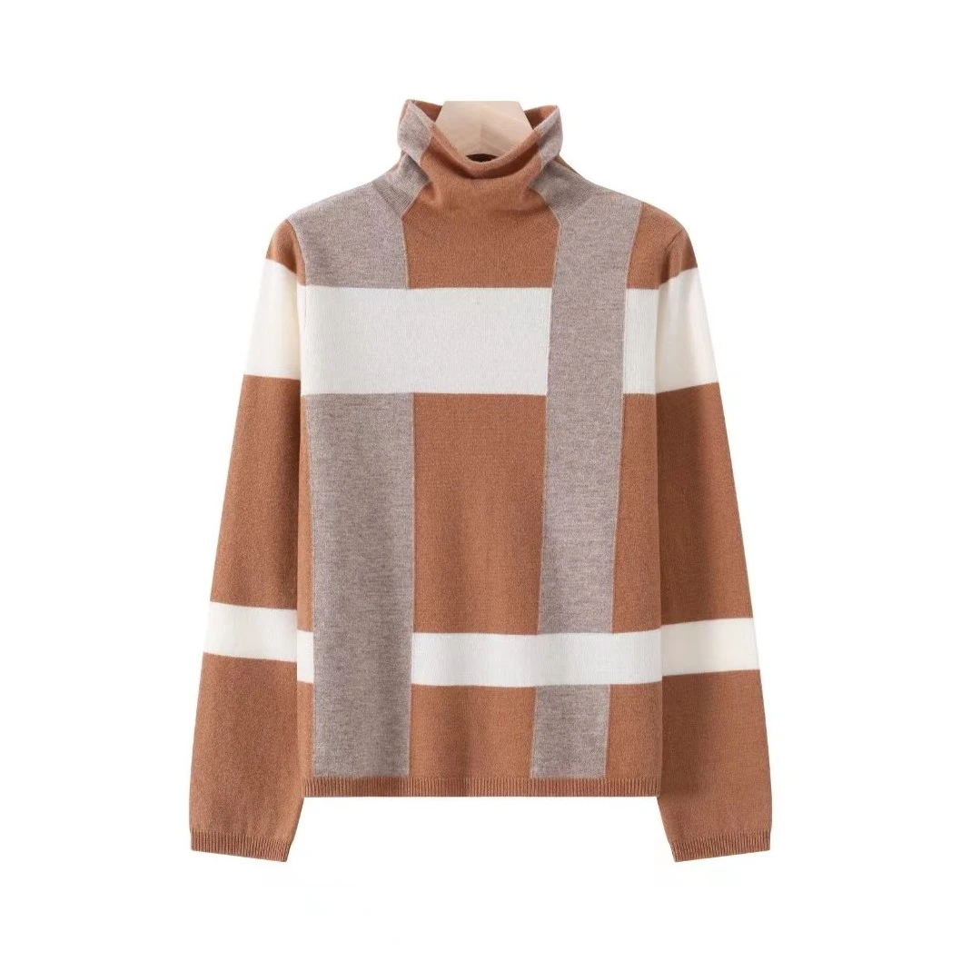 【100%绵羊毛】数兰朵保暖羊毛套衫 经典条纹撞色女士高领毛衣打底