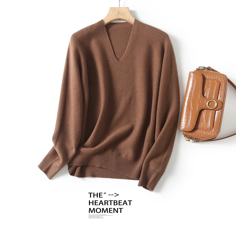 【100%绵羊毛】数兰朵无拼接缝厚款100羊毛套头针织衫 女士V领长袖