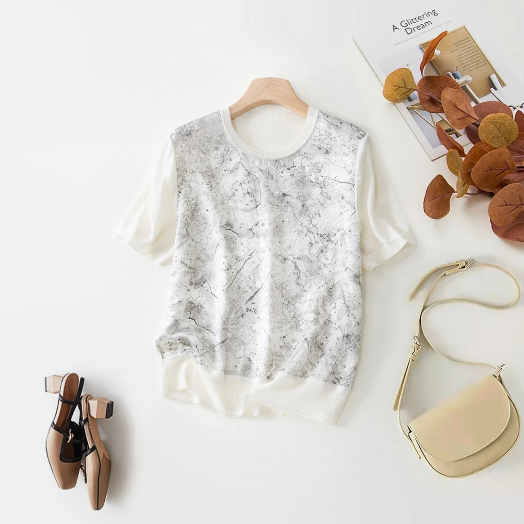 数兰朵设计款 醋酸+雨露麻高级拼接撞色短袖t恤夏季透气女士半袖