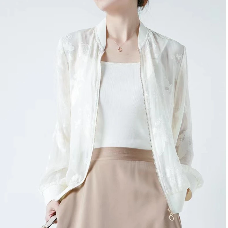 数兰朵【100%桑蚕丝】夏季轻薄短外套女 真丝防晒衣薄款开衫棒球服