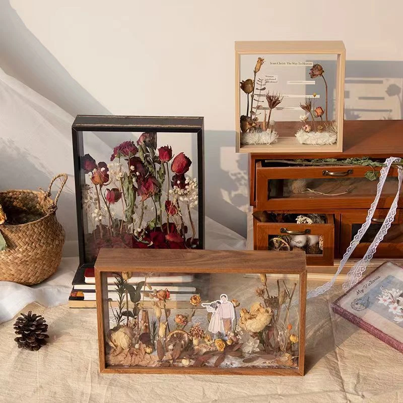 立体中空相框摆台创意diy双面透明干花玫瑰花永生花豪华相框摆件