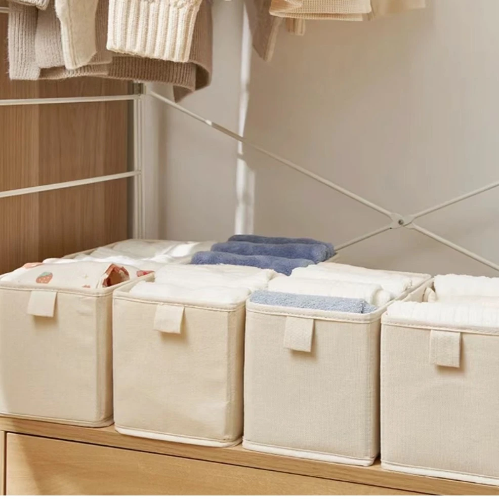 可水洗衣物收纳盒家用布艺整理无格棉麻盒小号打底裤可折叠整理