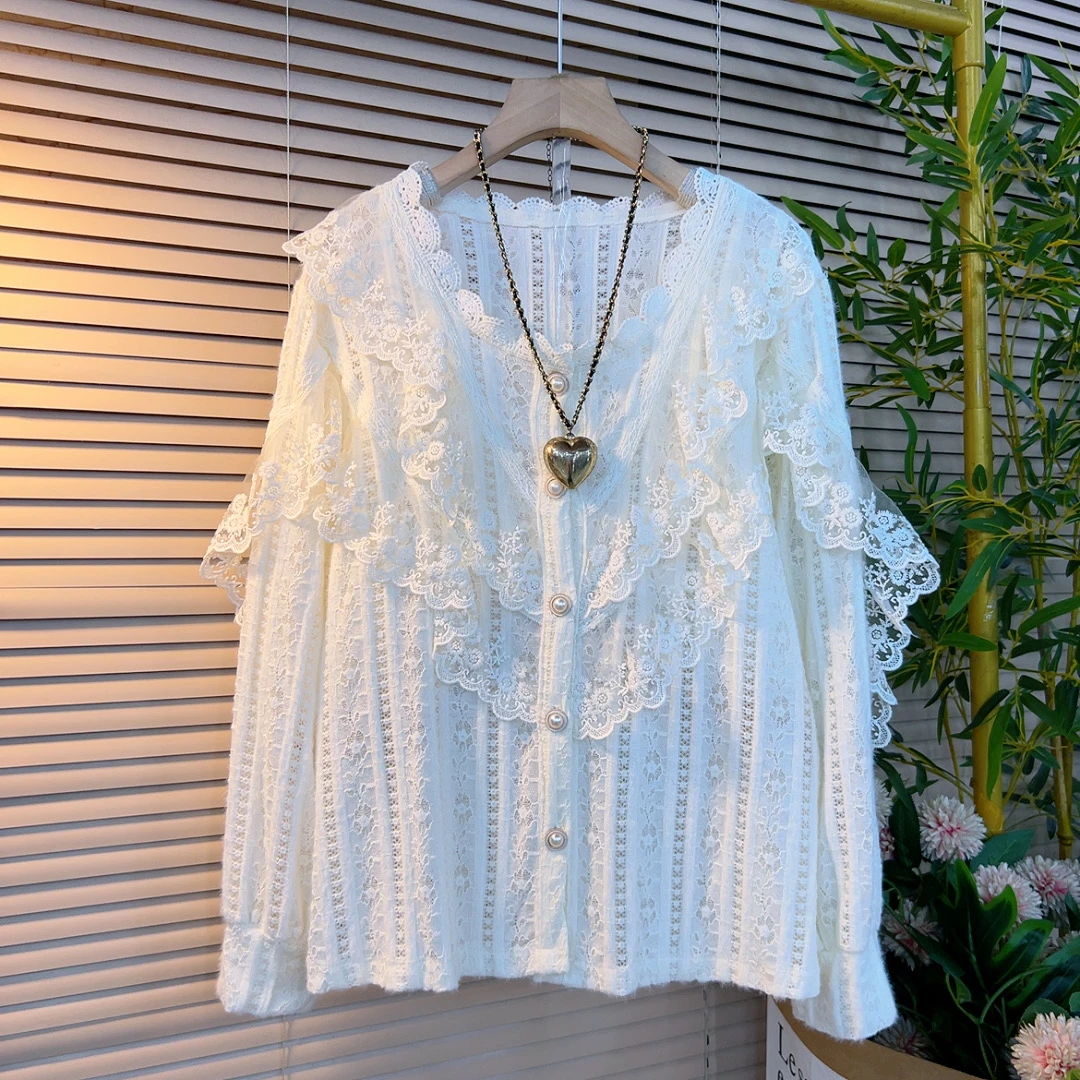 2436胖妹妹秋季新款时尚V领荷叶边减龄显瘦百搭设计感纯色长袖衫