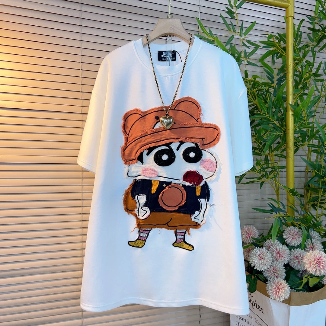 84102欧货时尚休闲百搭款卡通减龄中长款纯色圆领显瘦短袖大衫