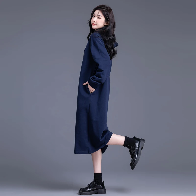 藏青色卫衣裙2025年春秋季宽松连衣裙连帽休闲裙宽松显瘦裙子女装
