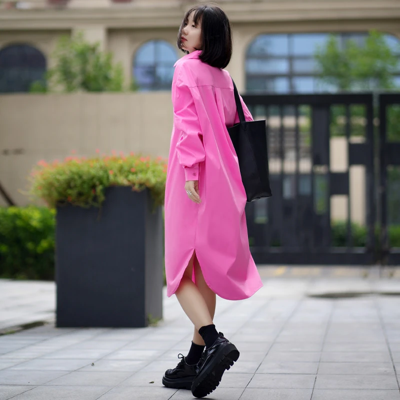 玫红色温柔风连衣裙女春秋薄款宽松气质长袖衬衣裙休闲显瘦衬衫裙