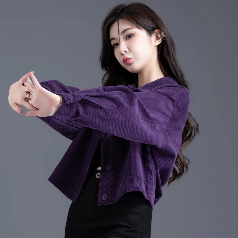 酱紫色灯芯绒短款外套女士新款女装2025秋冬季洋气百搭条绒上衣女