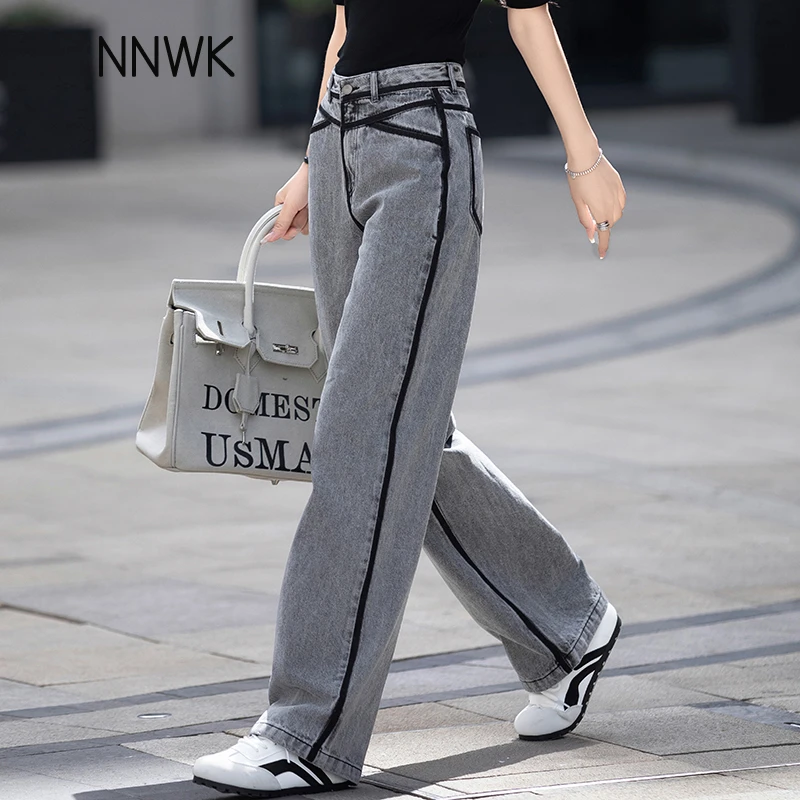 黑灰色阔腿裤女2025秋冬新款加绒牛仔裤女宽松时尚高腰显瘦直筒裤