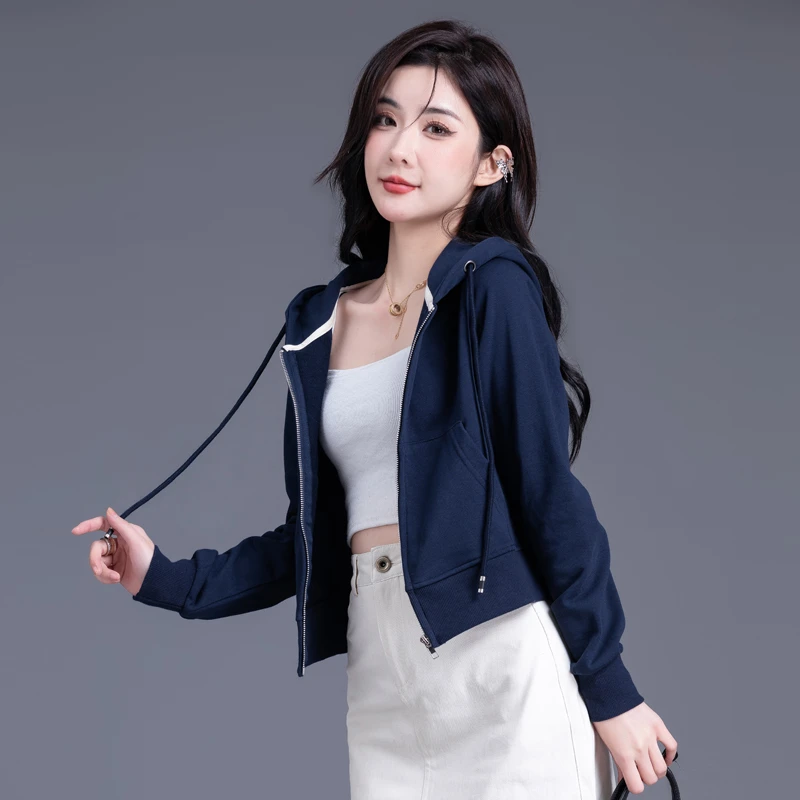 藏青色开衫卫衣女2025年春秋宽松连帽外套小个子拉链休闲短款上衣