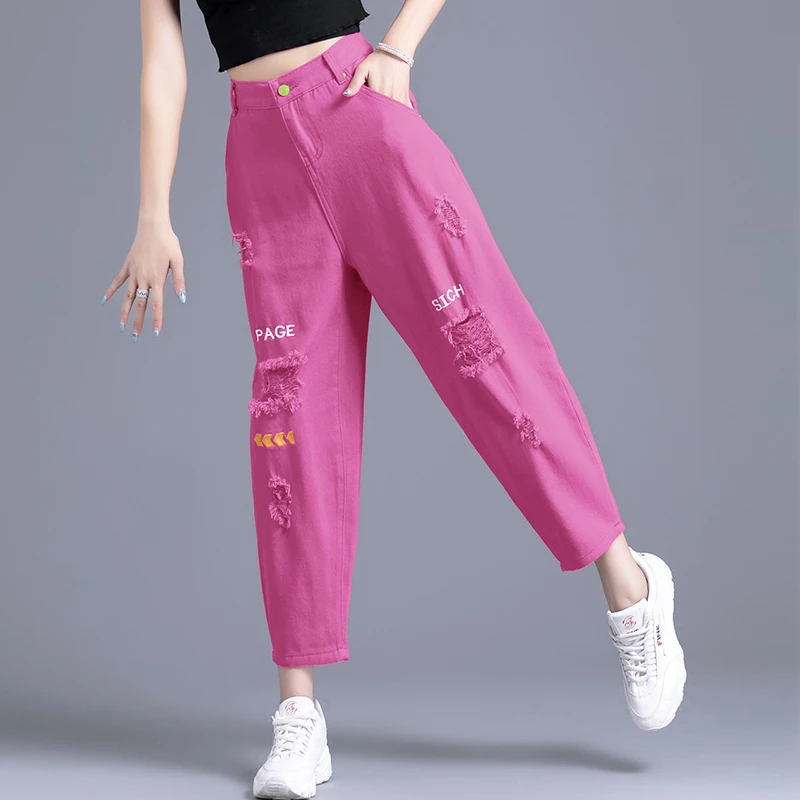 破洞牛仔裤女2025新款春夏季薄款萝卜裤宽松老爹裤哈伦裤女九分裤