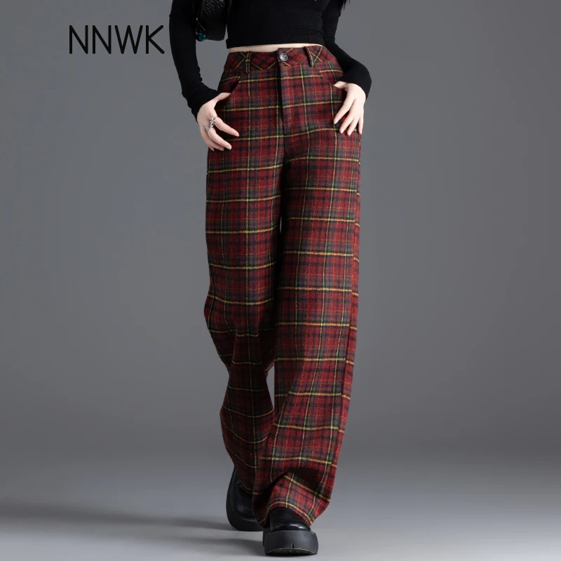 加厚毛呢裤子女秋冬2025新款今年流行格子裤女直筒薄绒休闲阔腿裤