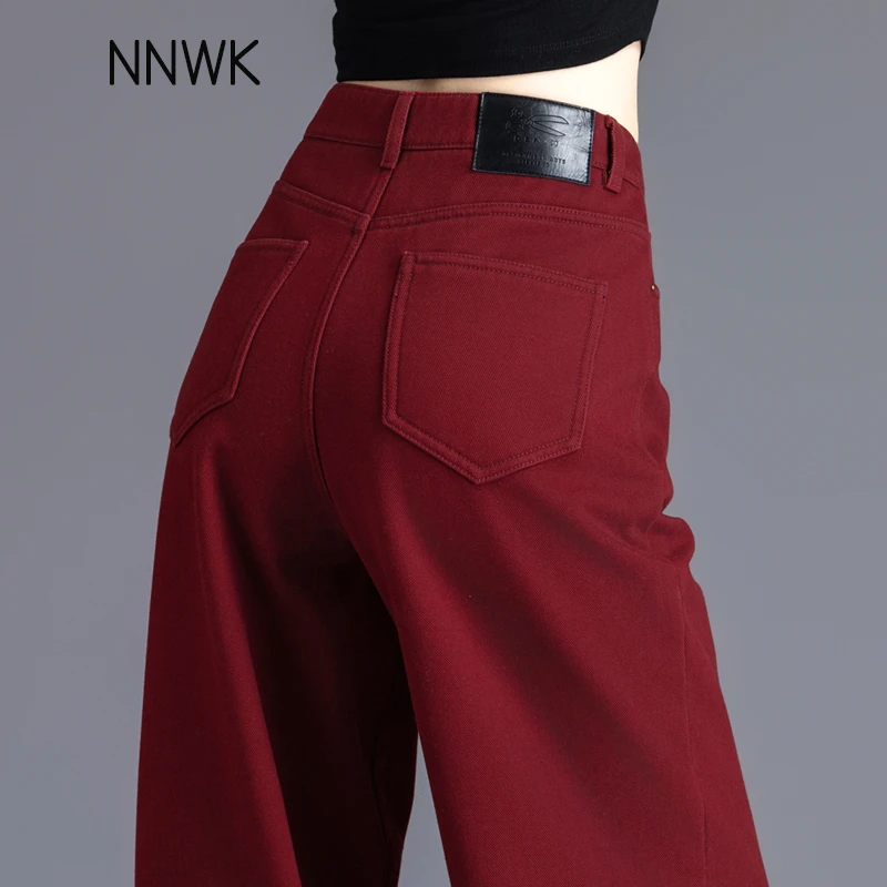 安可拉红色秋冬加绒裤子女装2025新款加厚牛仔裤女阔腿裤直筒长裤