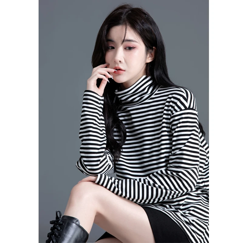 高领德绒打底衫女2025新春秋季黑白条纹t恤女中长款外穿上衣百搭
