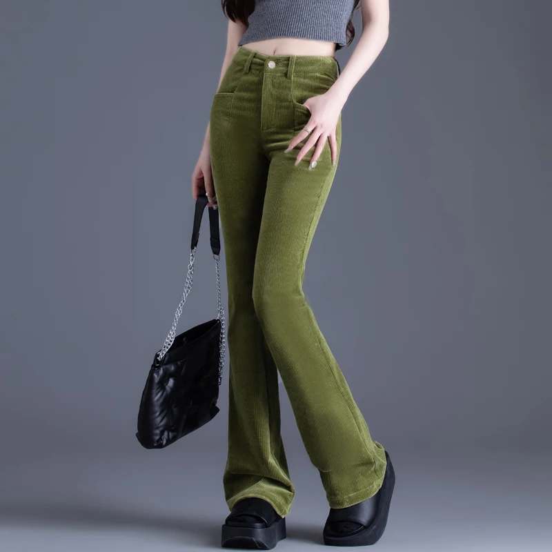 秋冬季灯芯绒裤子女高腰显瘦弹力微喇裤时尚复古长裤条绒裤喇叭裤