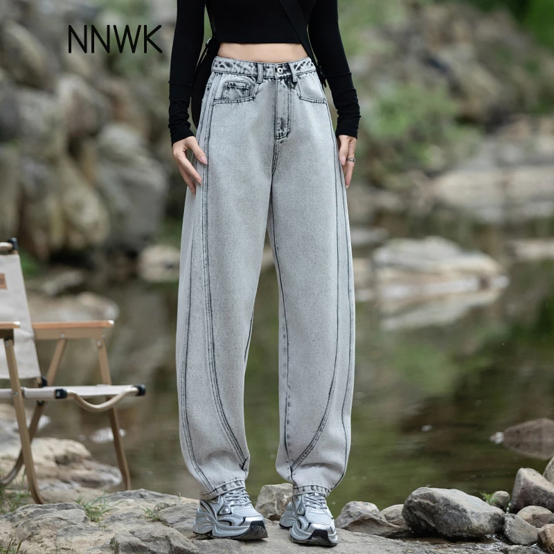 烟灰色弯刀牛仔裤女2025新款春秋季复古风镰刀裤子女宽松高腰长裤