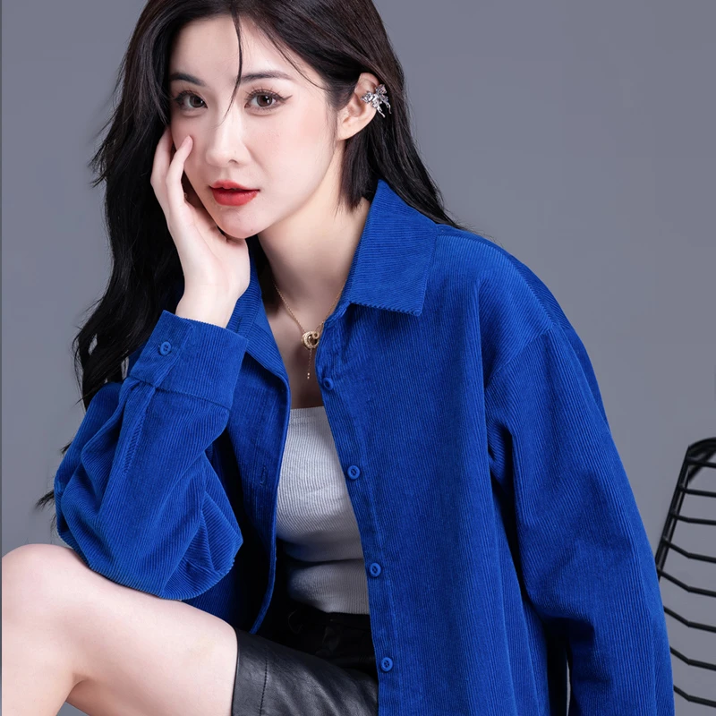 克莱因蓝灯芯绒外套女装2025新款爆款春秋季条绒衬衣开衫衬衫上衣