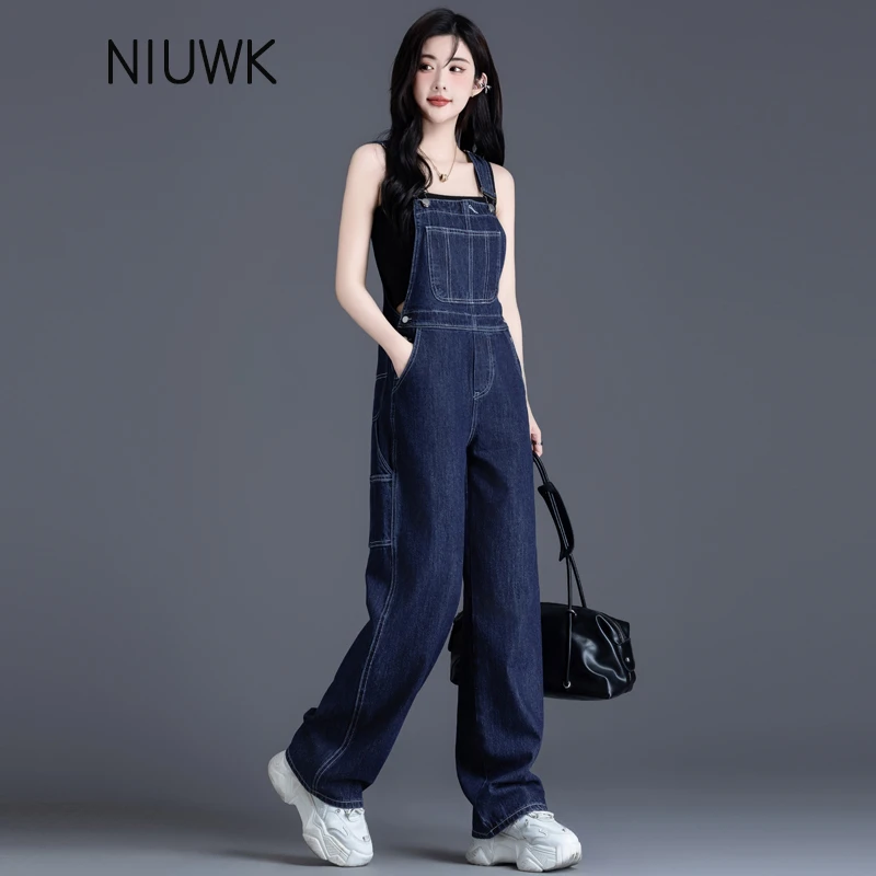 深蓝色牛仔背带裤女2026春秋季新款减龄连体裤宽松直筒工装阔腿裤