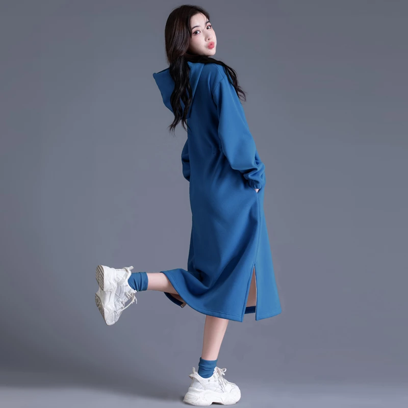 蓝色长袖连衣裙2025新款连帽卫衣裙女秋冬加绒加厚休闲中长款裙子