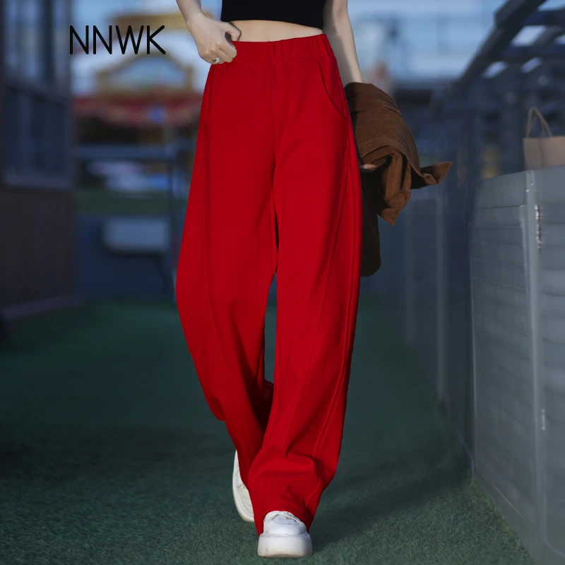 红色阔腿休闲裤女春秋新款香蕉运动裤2025宽松弯刀裤镰刀裤女卫裤