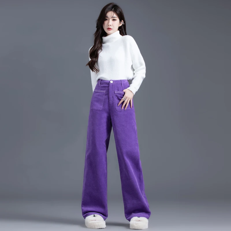 宽松加厚窄版阔腿裤女2025年新款秋冬灯芯绒直筒裤休闲裤条绒裤子