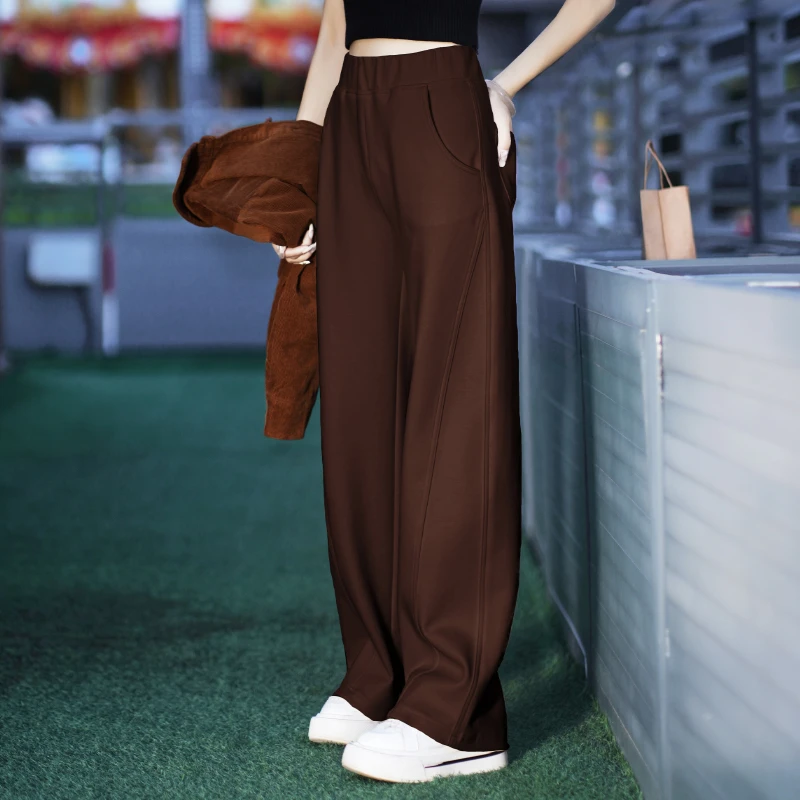 今年流行咖啡色裤子女加绒休闲裤女秋冬阔腿弯刀裤宽松运动裤卫裤