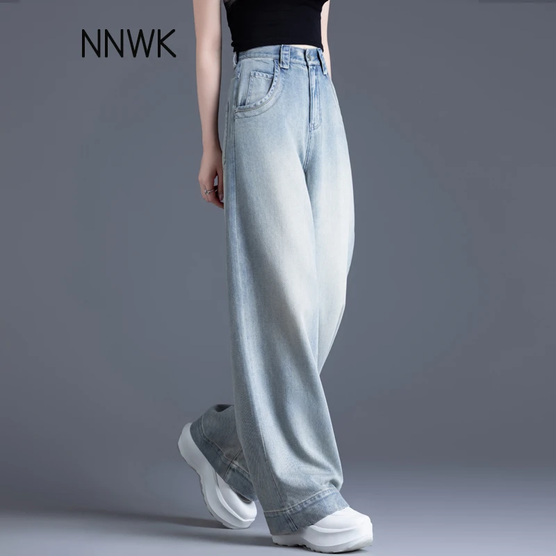 秋季薄款高腰牛仔裤女莱赛尔天丝阔腿裤女宽松垂感裤子直筒裤长裤