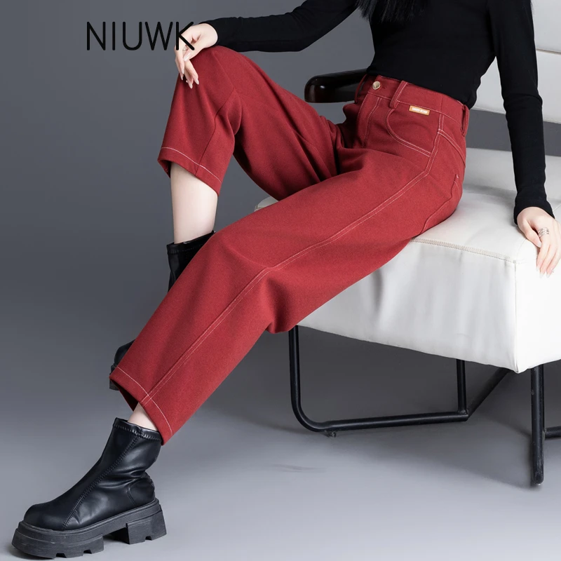 新年红色毛呢裤秋冬季新款2025流行小个子哈伦萝卜裤休闲裤九分裤