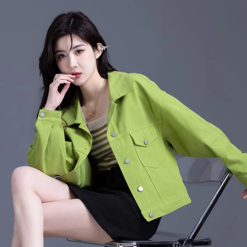 2025新款时尚牛油果绿色夹克上衣女装春秋季宽松休闲外套女牛仔衣