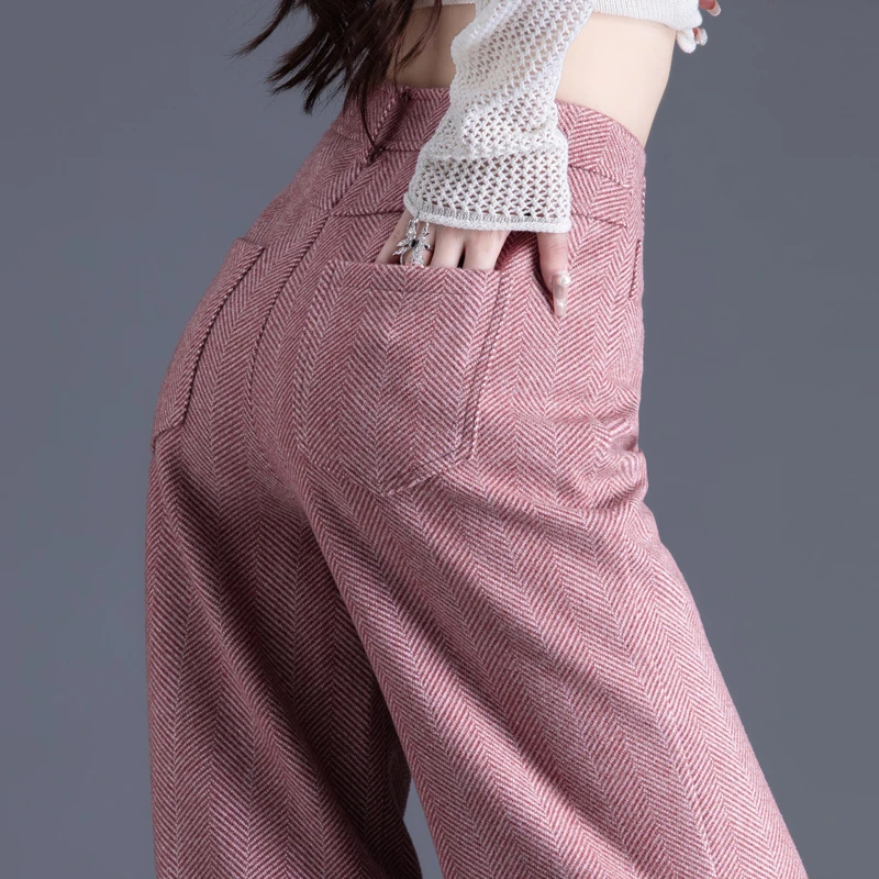 粉色毛呢裤女2025新款秋冬季加厚显瘦直筒裤阔腿裤高腰裤休闲女裤