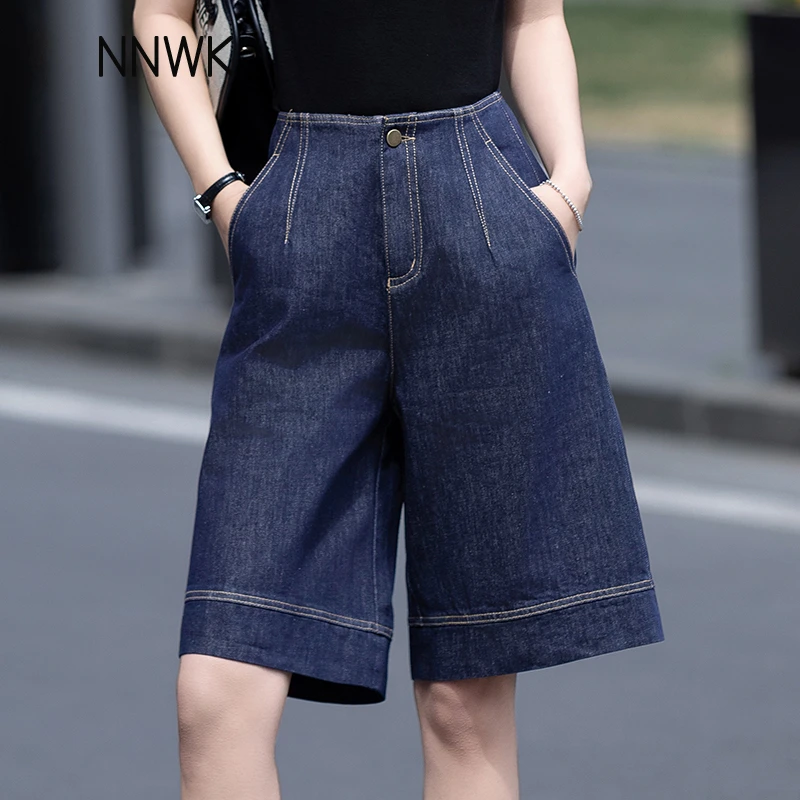 牛仔短女夏季2025新款女直筒深蓝色裤子四分裤五分裤宽松阔腿中裤