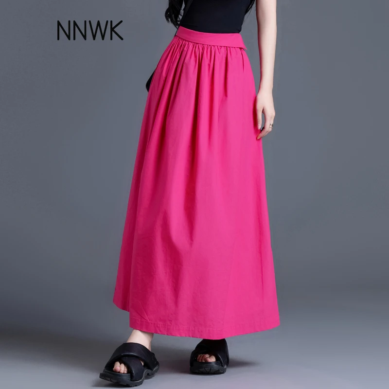 玫红色夏季薄款裙子高腰气质Aa字裙中长款显瘦半身裙纯色花苞裙