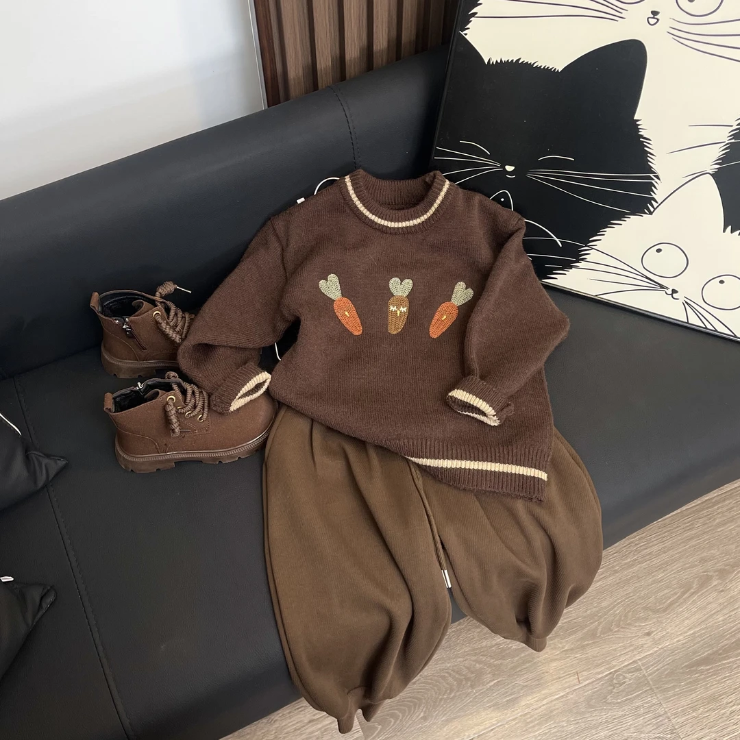 儿童秋冬新款套头针织衫毛衣胡萝卜可爱复古百搭毛衣男童女童毛衣