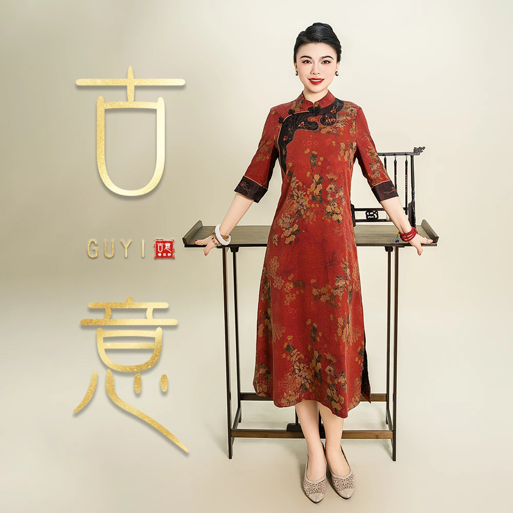 国风桑蚕丝斜门襟旗袍花罗香云纱QF2310358中年时尚显瘦