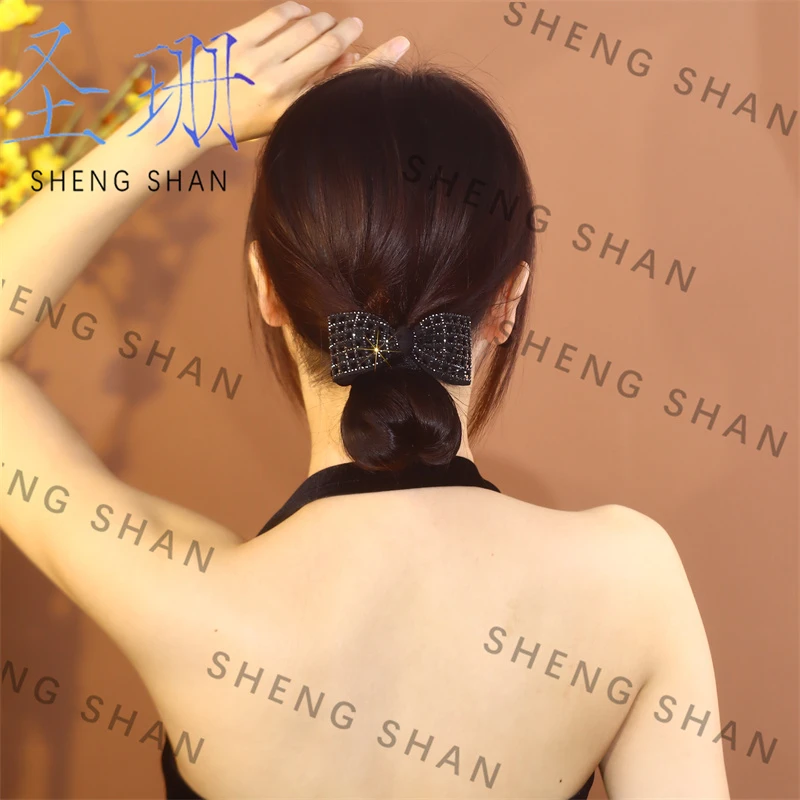 圣珊2023新款镶钻蝴蝶结发绳头饰布艺气质皮筋甜美