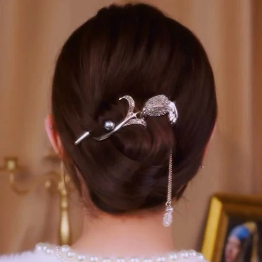 铜合金发饰 中式优雅镶钻郁金香银杏叶流苏发夹丸子头发饰扭扭夹