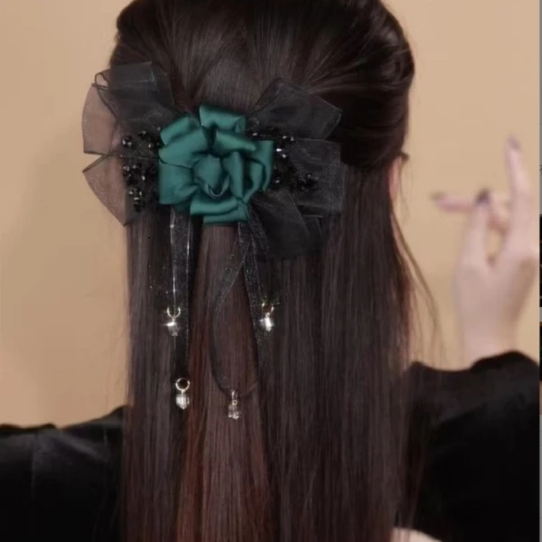 优雅韩版时尚布艺网纱玫瑰蝴蝶结抓夹后脑勺发夹手工头饰