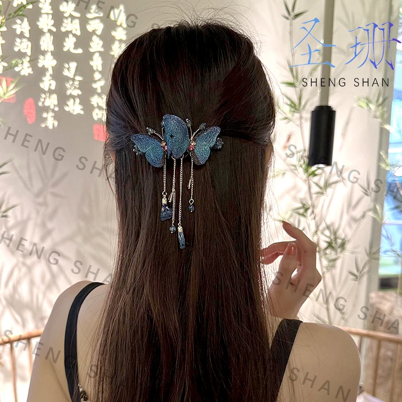 铜合金布艺发饰 网红国风时尚流苏蝴蝶刺绣弹簧夹发夹头饰一字夹