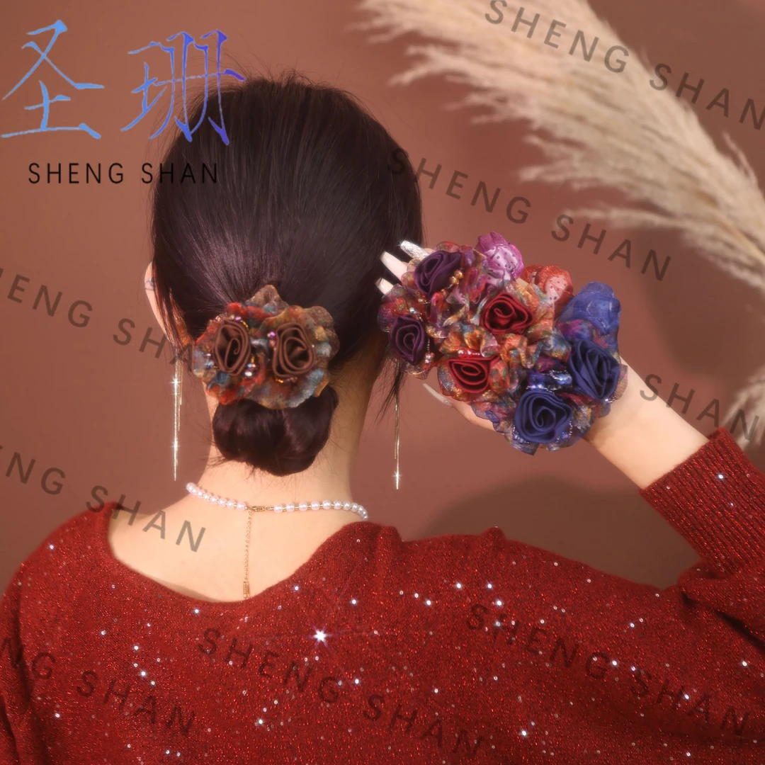 圣珊秋冬发饰新款双花发圈大肠扎发头绳高弹力皮筋低马尾头饰